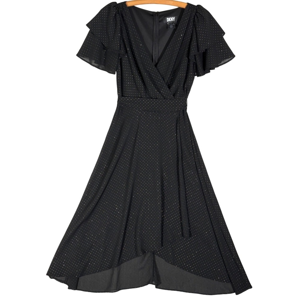 DKNY Black Gold Metallic Polka Dot Faux Wrap High-Low Midi Dress Size 2